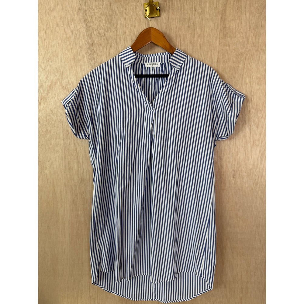 Solution Womens Blue White Striped Shirt Dress Short Sleeve V-Neck Medium